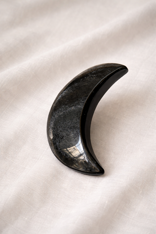 Large silver sheen obsidian moon