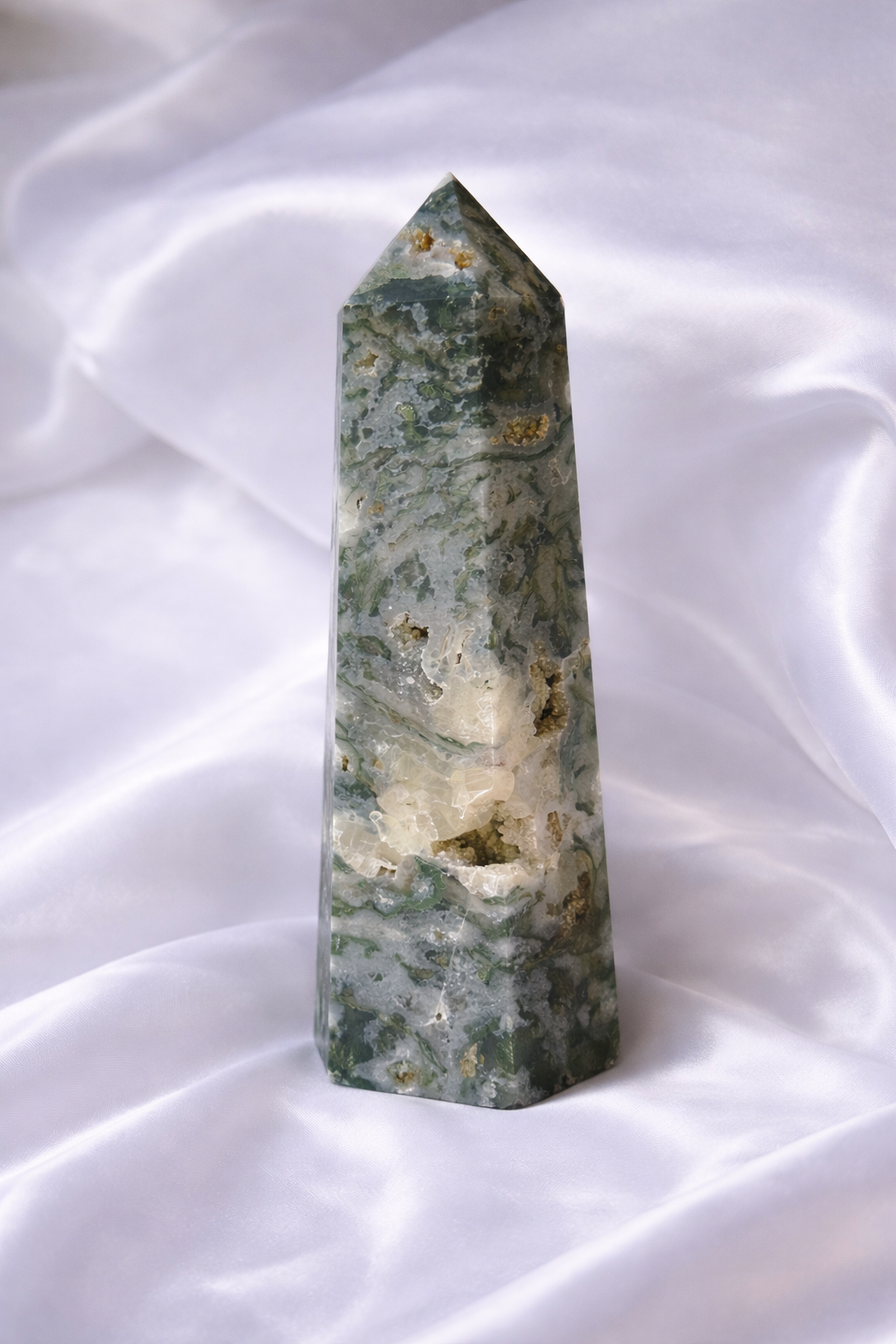 Moss agate druzy tower