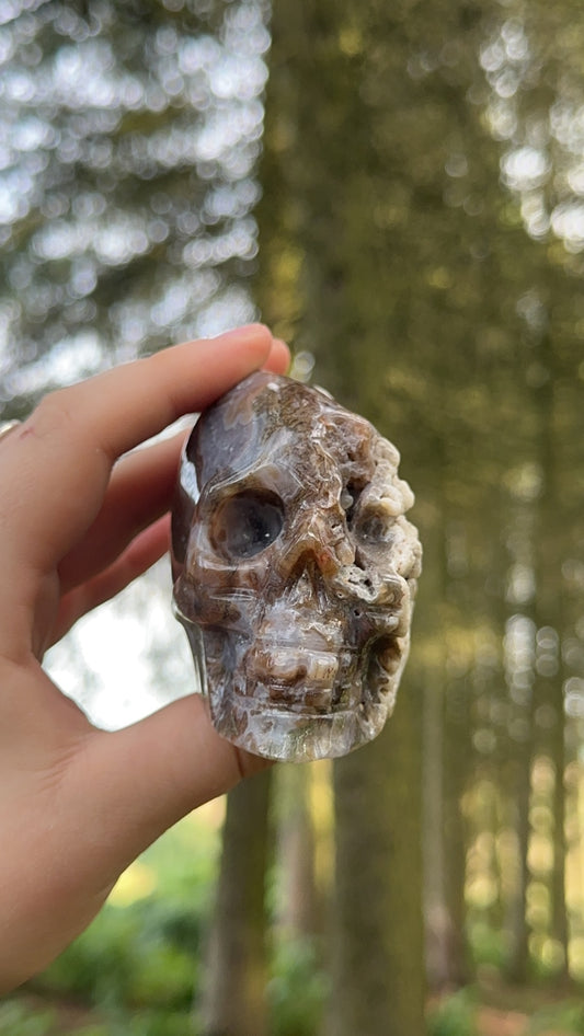 Moss agate half raw skull