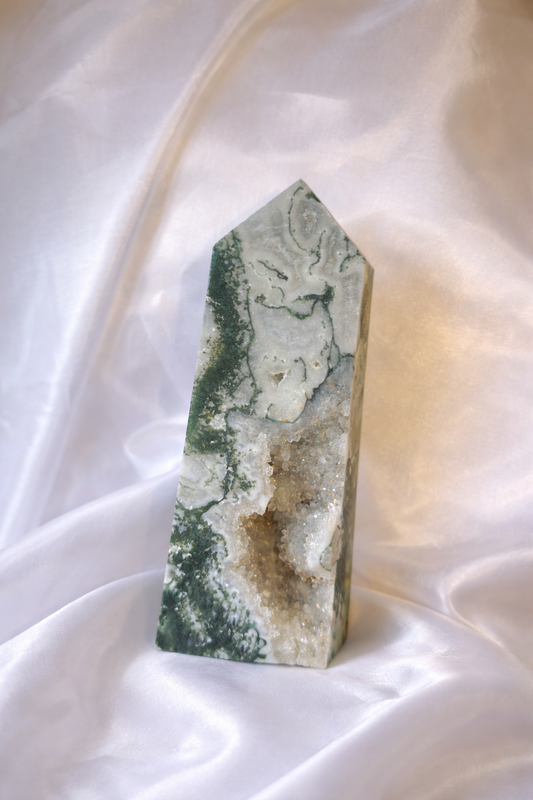 Moss agate druzy tower